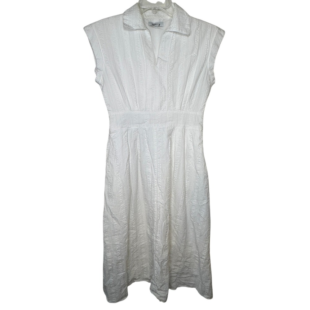 Kensie White Cotton Midi Dress Womens 6 Sleeveless Collared Seersucker Lined